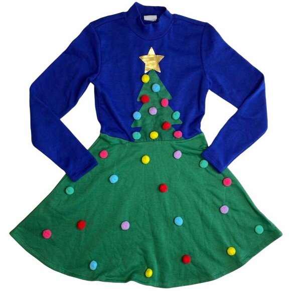 Mighty Fine Dress Women's XS Blue Green‎ Cute Tree Holiday Seasonal Pom-Pom NEW - Picture 5 of 16